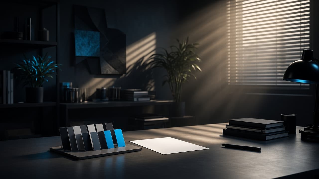 Premium creative studio desk with abstract brand materials and cyan accent lighting