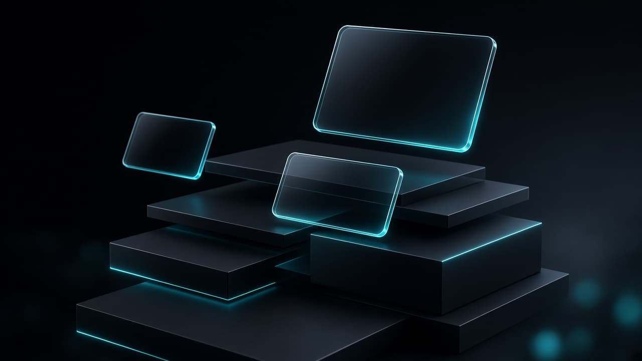 Abstract premium package tiers with cyan edge lighting on a dark surface