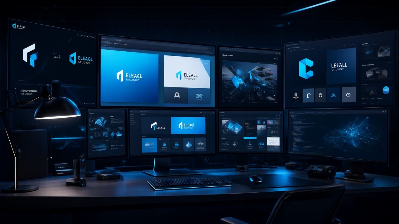 Dark blue digital studio workspace with website mockups, branding panels, and development screens
