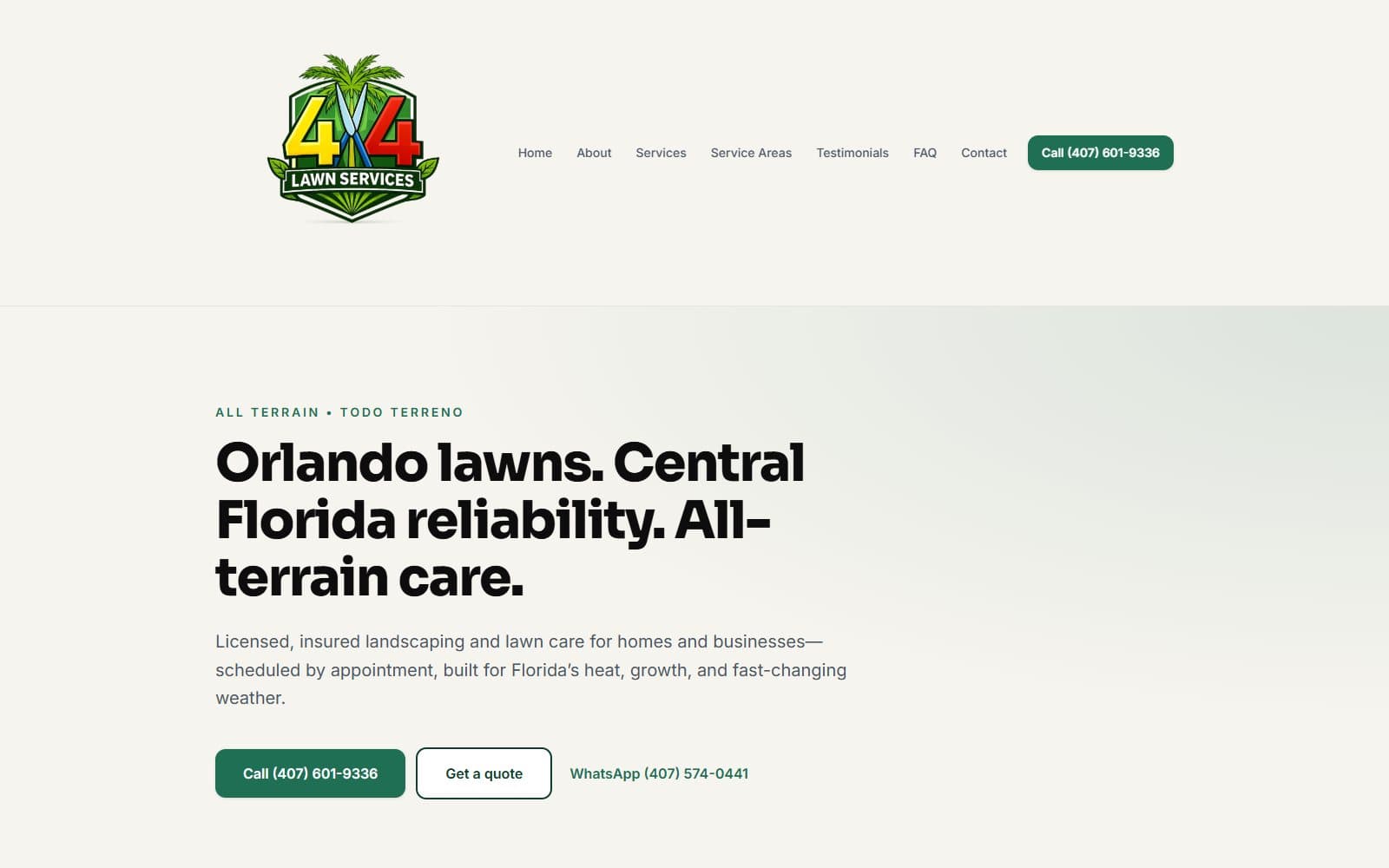 4x4 Lawn Services — Orlando and Central Florida lawn care and landscaping with phone, quote, and WhatsApp CTAs