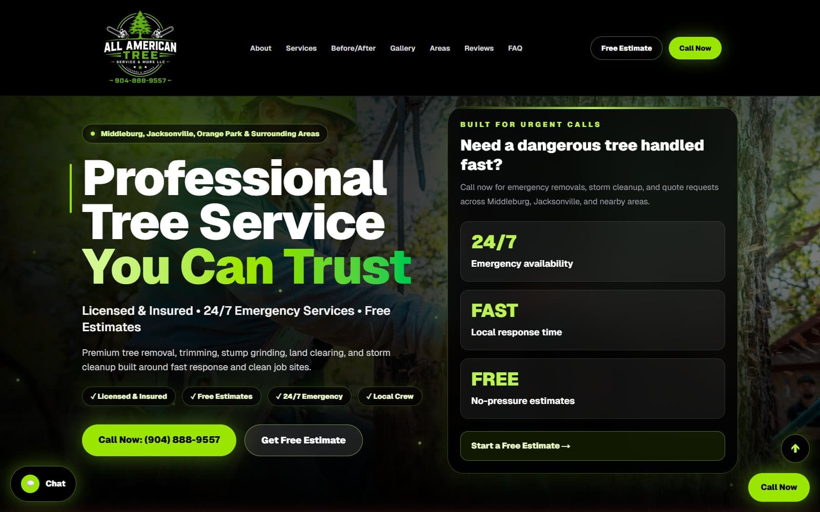 All American Tree Service & More LLC homepage - professional tree service with emergency call and free estimate CTAs