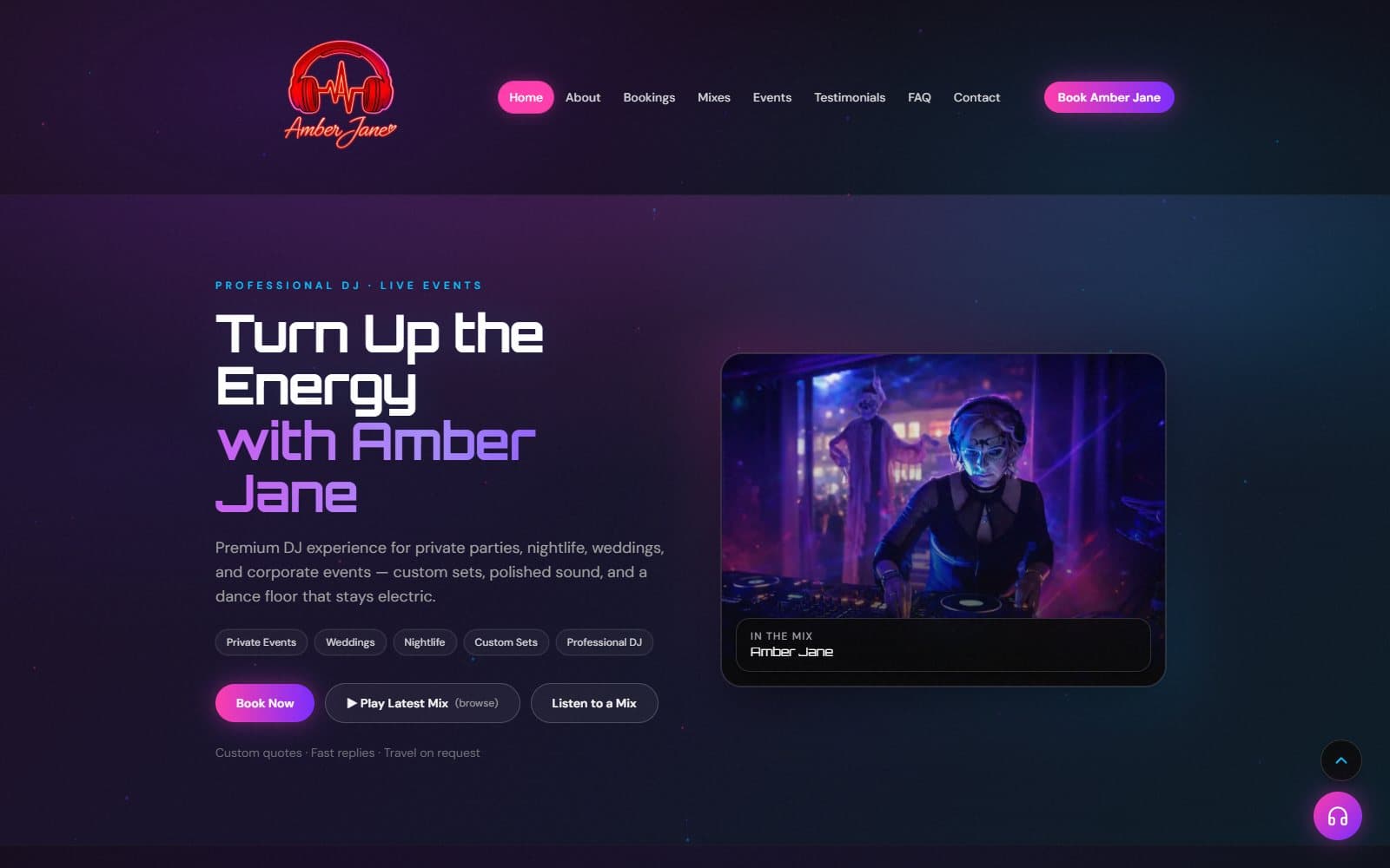 Amber Jane DJ website — professional DJ for private events, weddings, and nightlife with neon hero and featured mixes