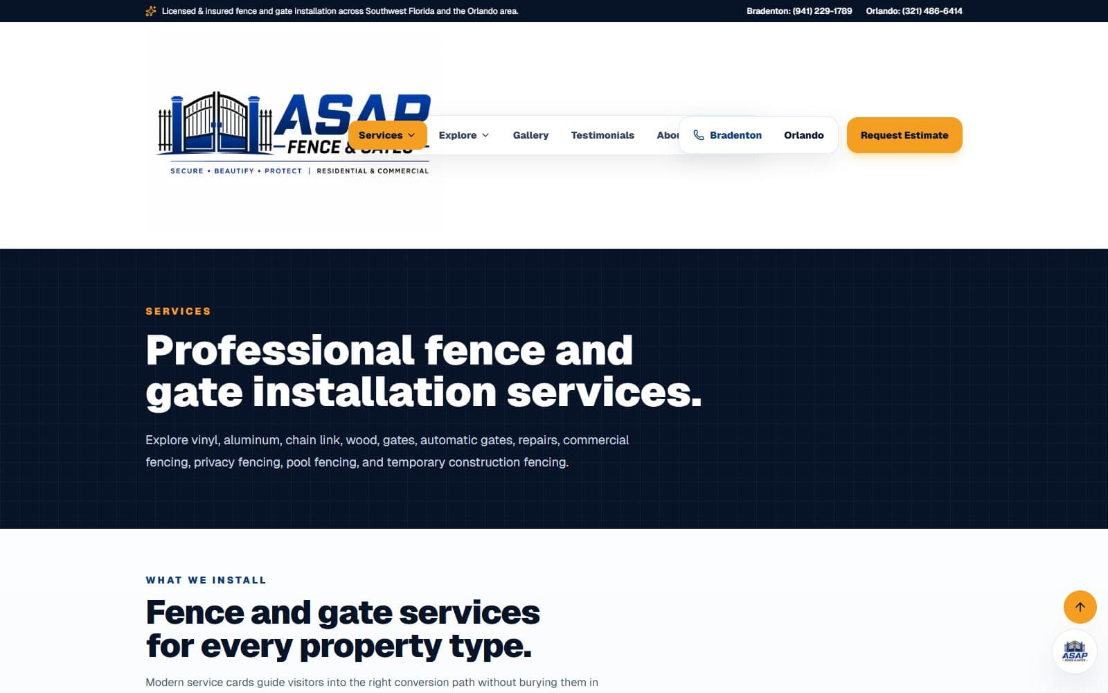 ASAP Fence & Gates services page - Florida fence and gate installation website with service cards and estimate CTAs