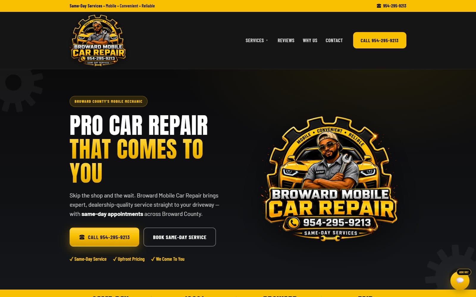 Broward Mobile Car Repair homepage - same-day mobile mechanic website with call and booking CTAs