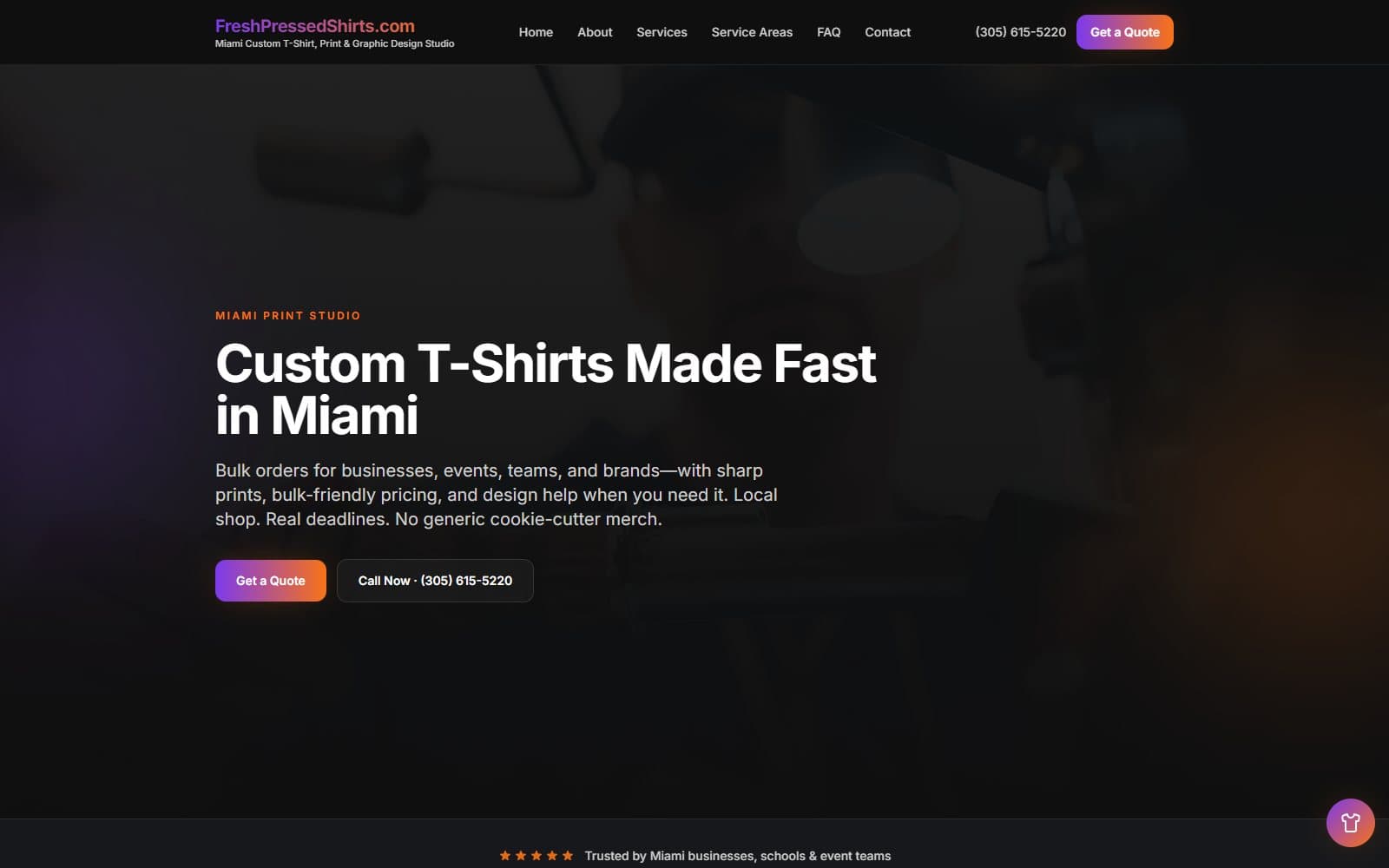 FreshPressedShirts.com homepage — Miami custom t-shirt, print, and graphic design studio with quote and call CTAs