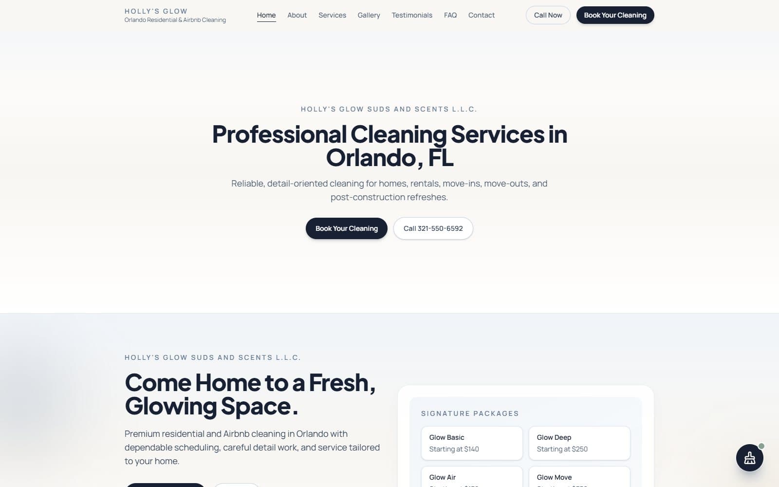 Holly's Glow Cleaning homepage — professional house cleaning in Orlando, FL with package tiers and booking CTAs