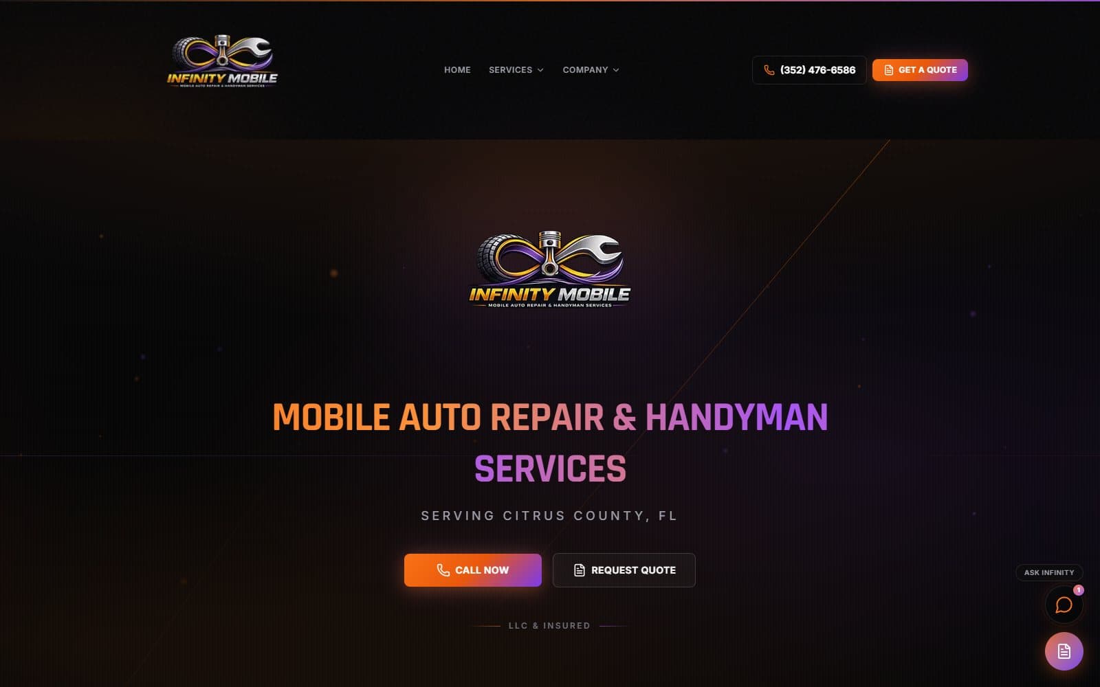 Infinity Mobile homepage - mobile auto repair and handyman services in Citrus County, FL with call and quote CTAs