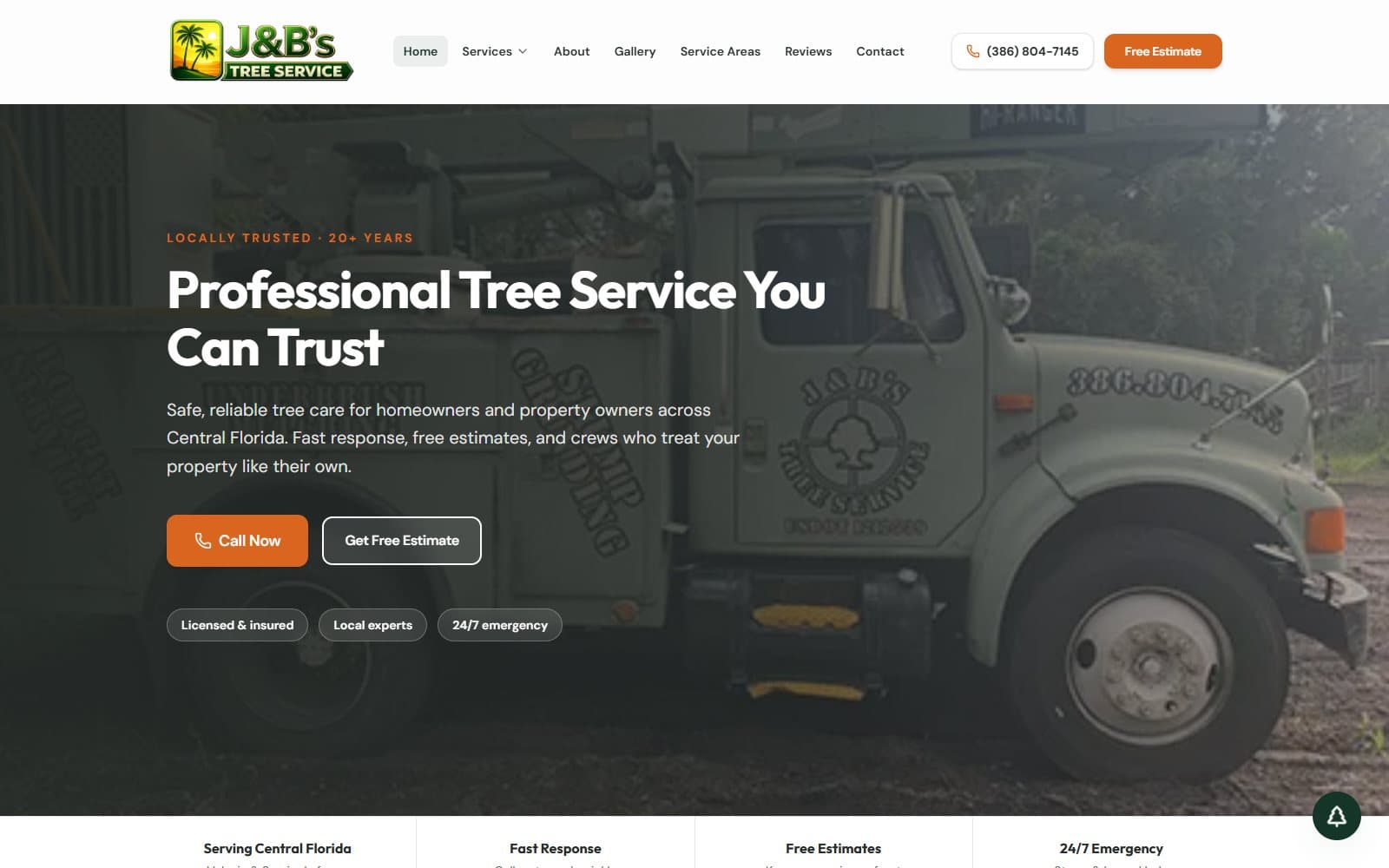 J&B's Tree Service homepage — professional tree removal, trimming, and emergency service in Central Florida