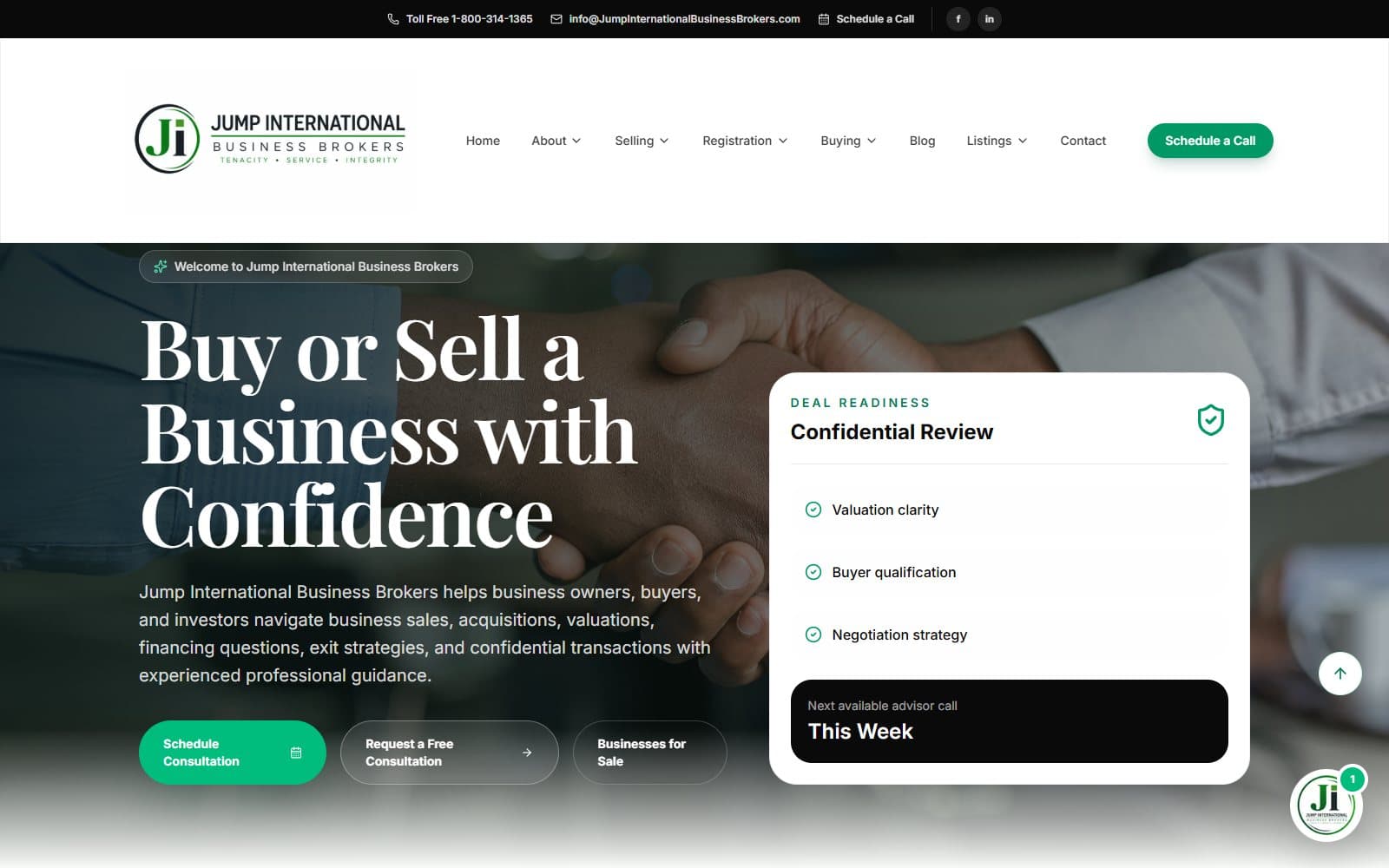 Jump International Business Brokers homepage - buy or sell a business with consultation and listings CTAs
