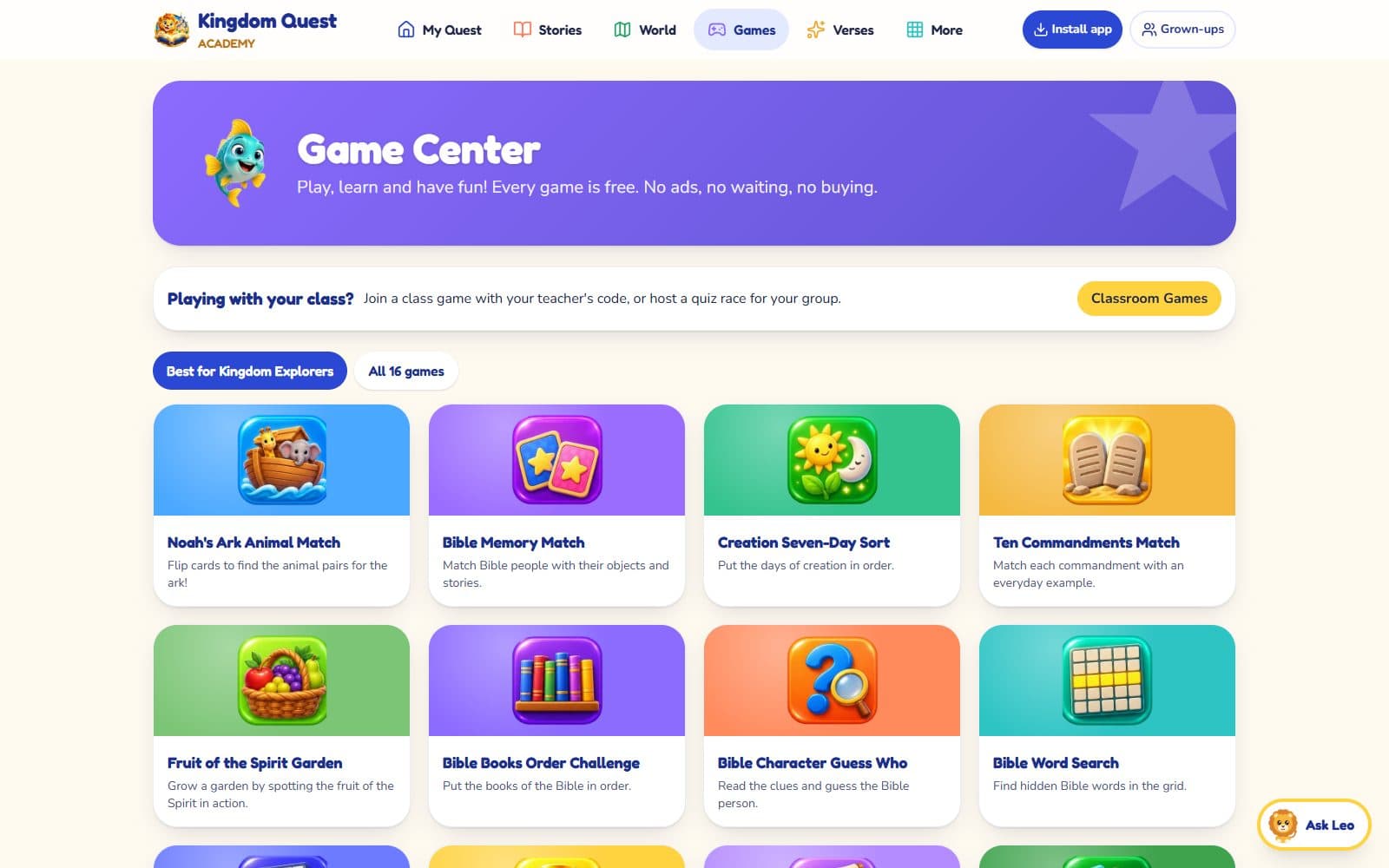 Kingdom Quest Game Center with Bible learning games