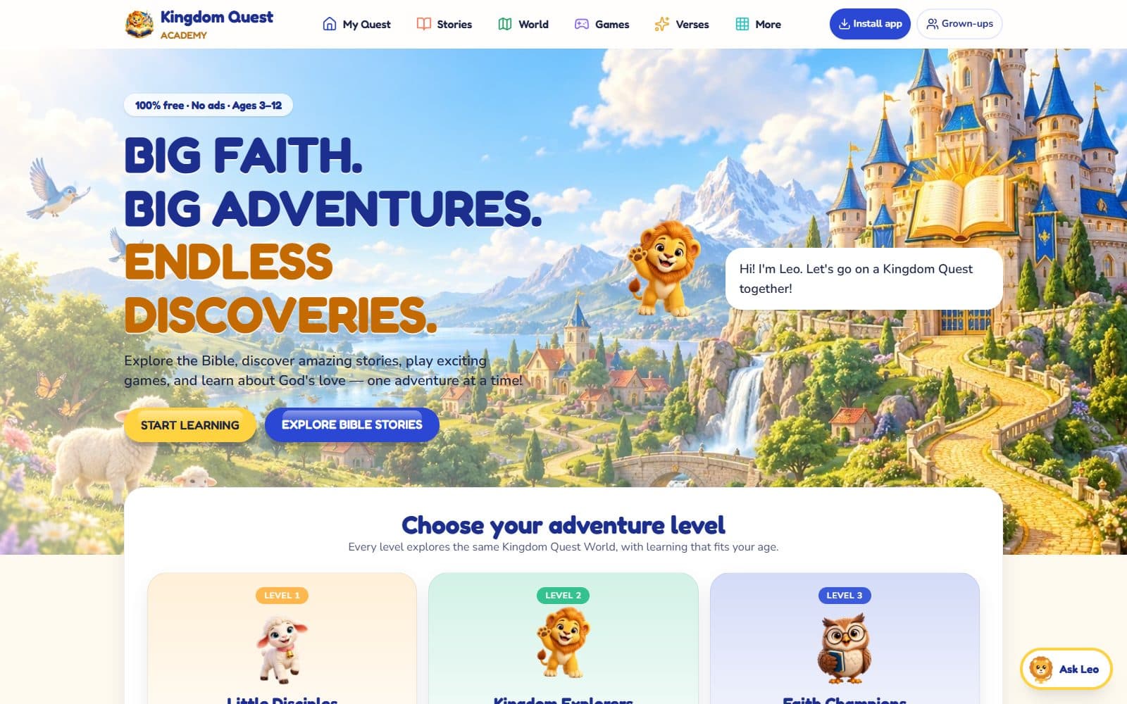 Kingdom Quest Academy homepage: Big Faith. Big Adventures. Endless Discoveries. with Leo the Lion and a fairytale castle