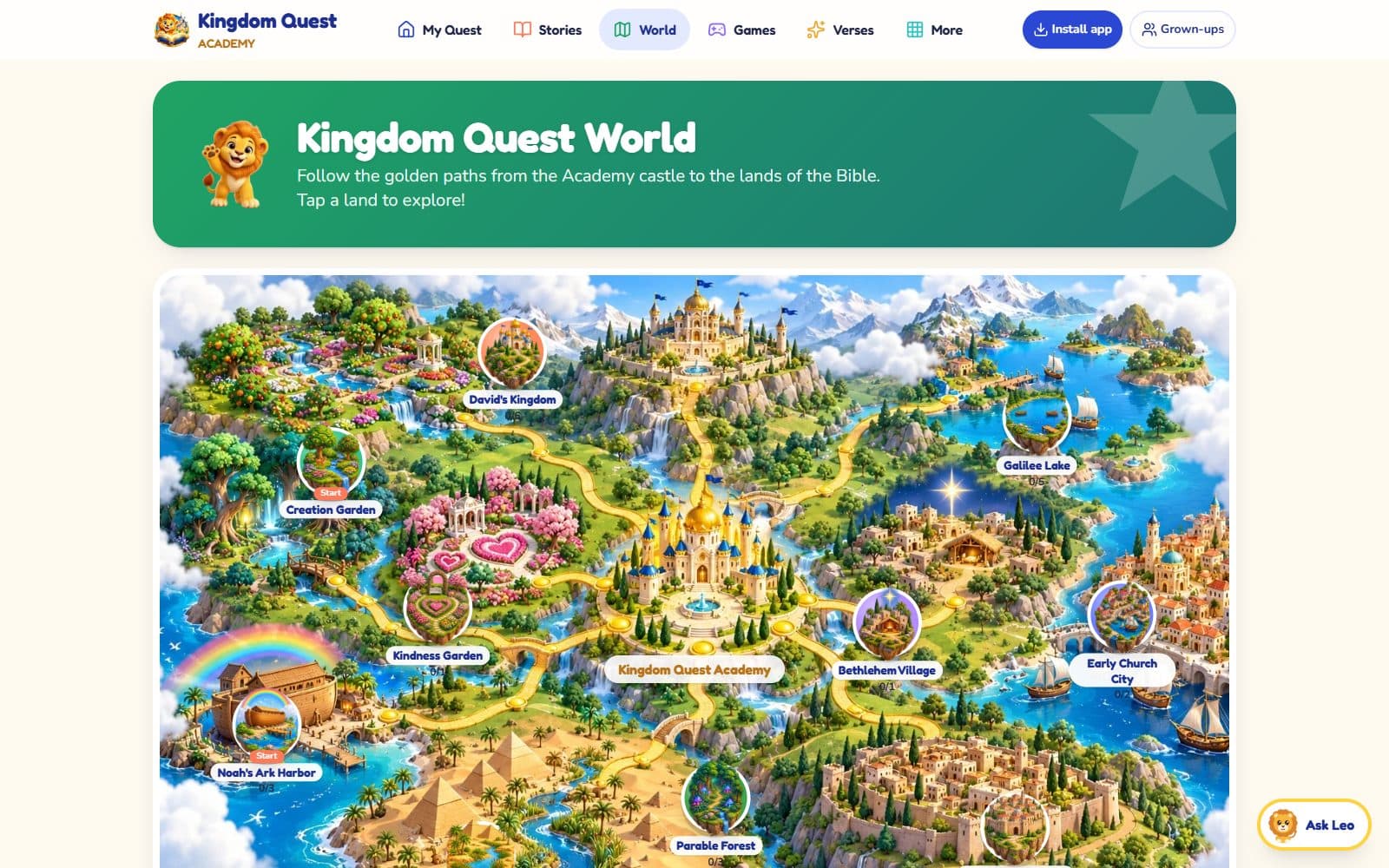 Kingdom Quest World map with lands of the Bible to explore