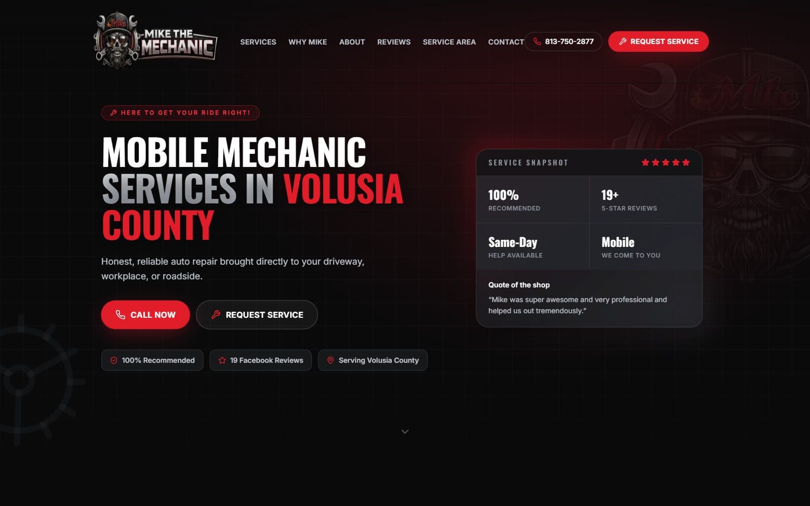Mike The Mechanic homepage - Volusia County mobile mechanic website with call and request service CTAs