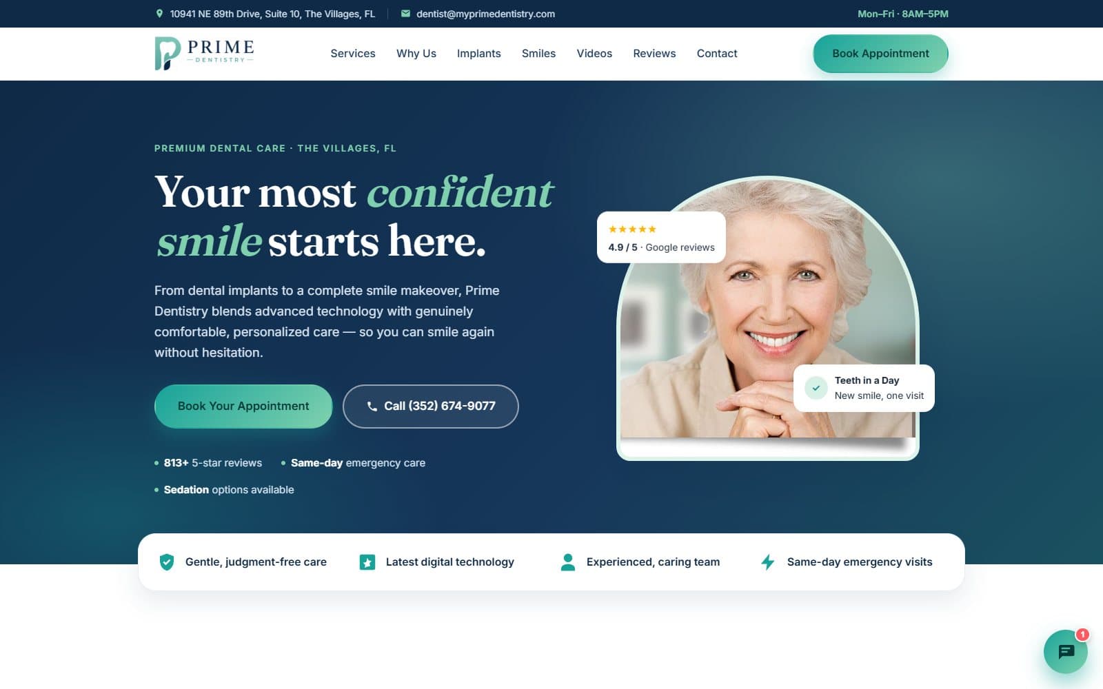 Prime Dentistry homepage - premium dental care in The Villages with appointment booking and implant consultation CTAs