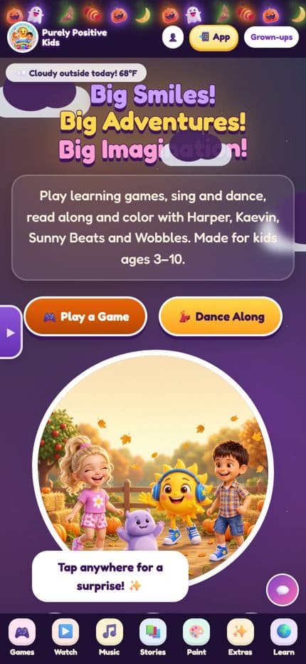 Purely Positive Kids homepage on a phone