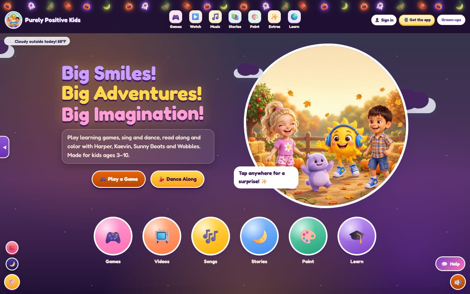 Purely Positive Kids homepage: Big Smiles! Big Adventures! Big Imagination! with the four characters and Games, Videos, Songs, Stories, Paint and Learn buttons