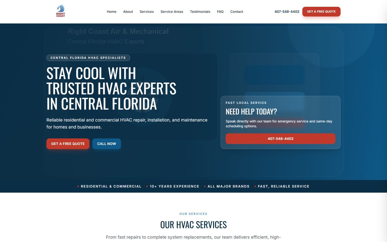 Right Coast Air & Mechanical HVAC website homepage preview