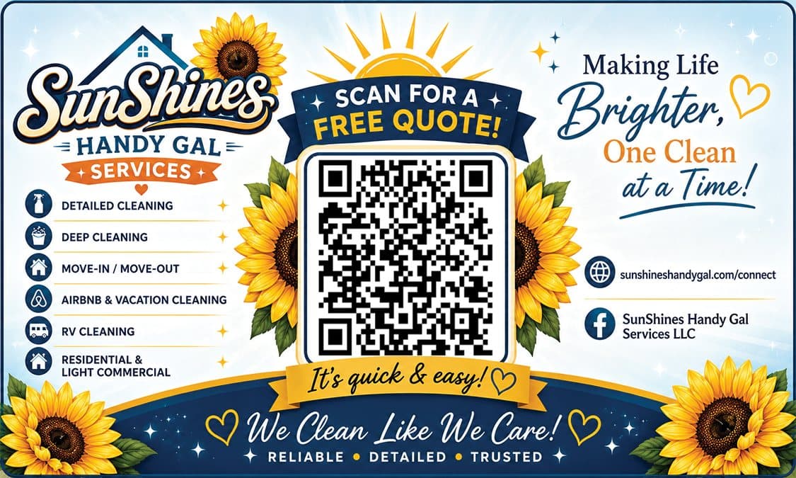 Sunshine's Handy Gal Services business card, back, with a QR code for a free quote