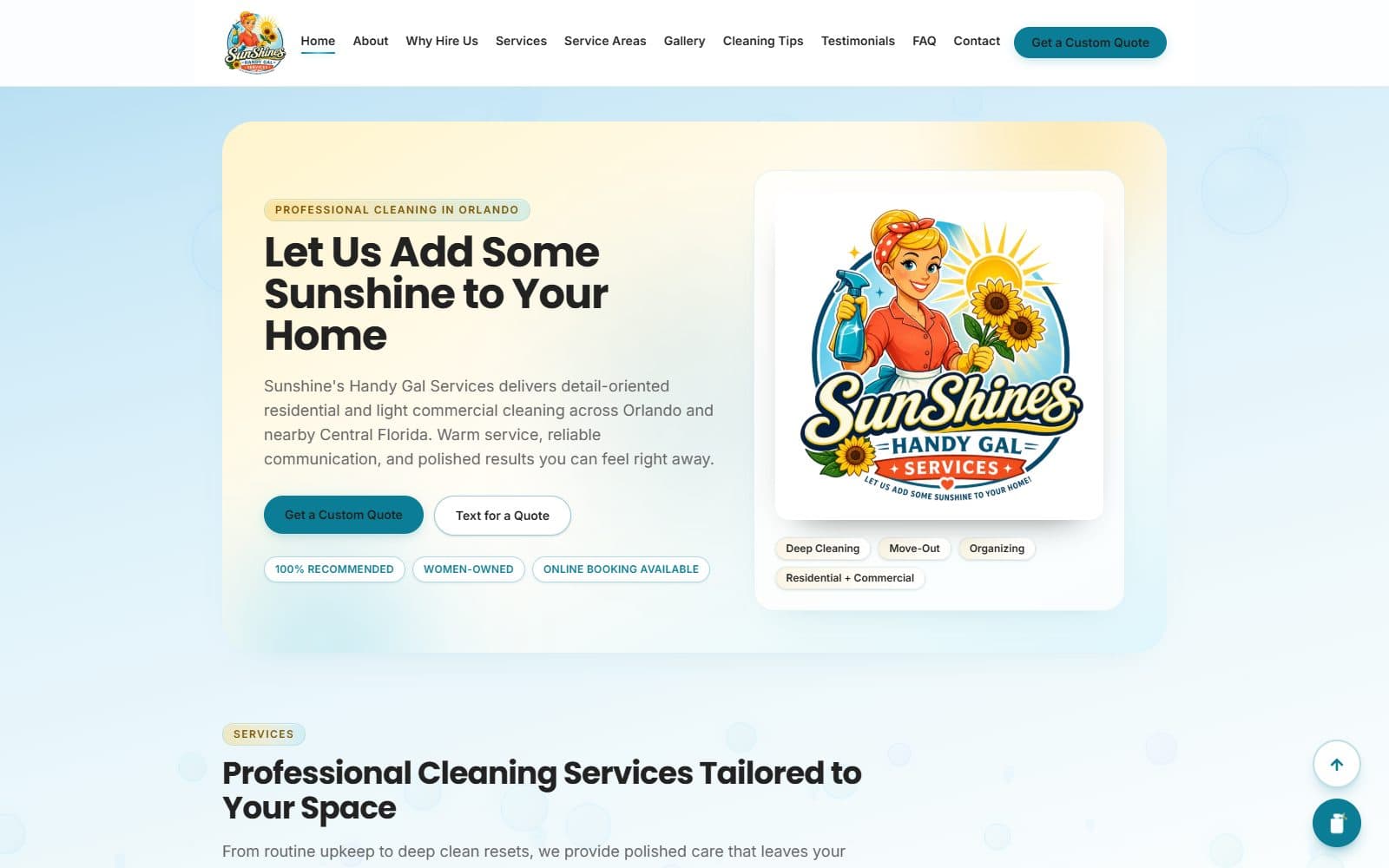 Sunshine's Handy Gal Services homepage: Let Us Add Some Sunshine to Your Home, with Get a Custom Quote and Text for a Quote buttons