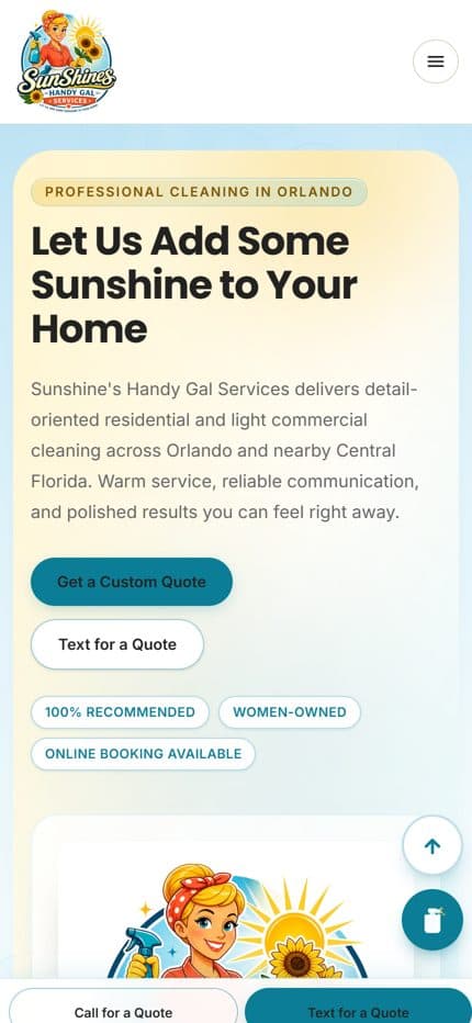 Sunshine's Handy Gal Services homepage on a phone