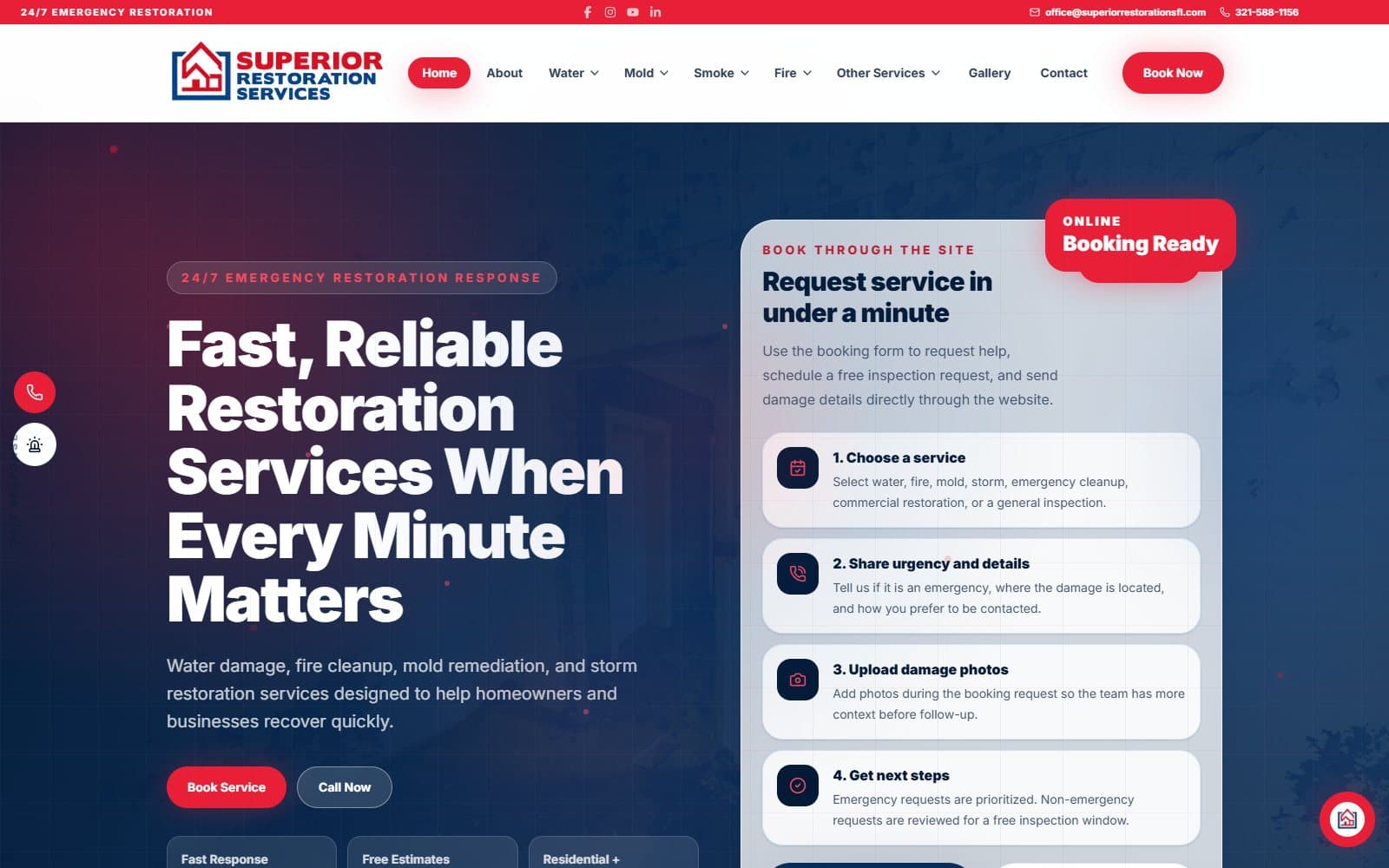Superior Restoration Services homepage - Central Florida restoration services with emergency response and booking CTAs