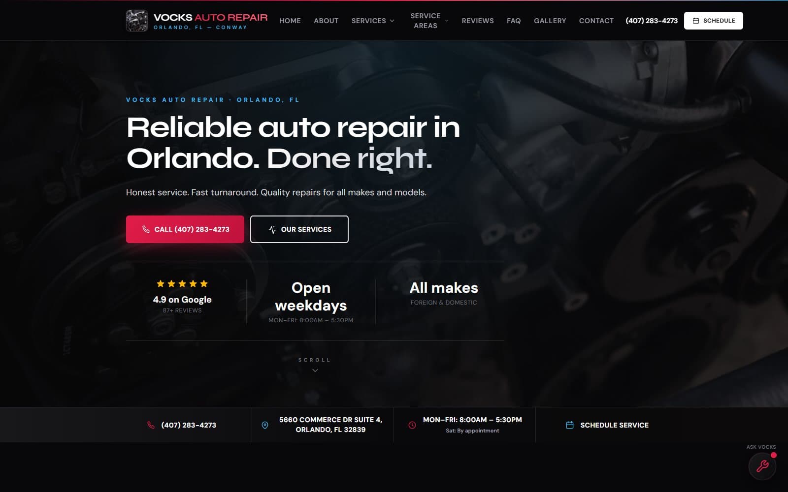 Vocks Auto Repair homepage — reliable auto repair in Orlando with call and schedule CTAs and trust badges
